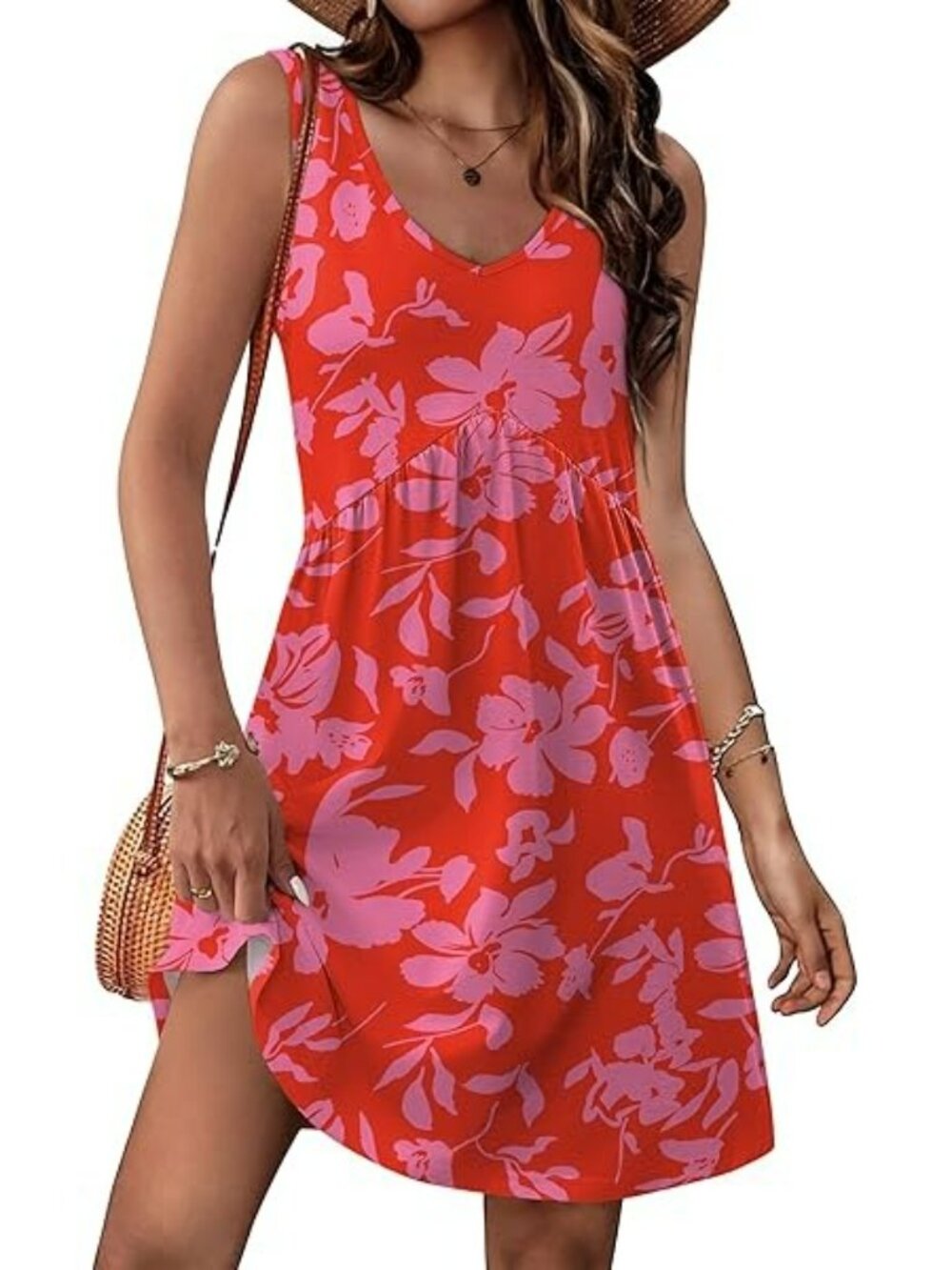 XIEERDUO Floral Print Sleeveless Sundress Pink/Red Stretchy Pockets Size S NWT